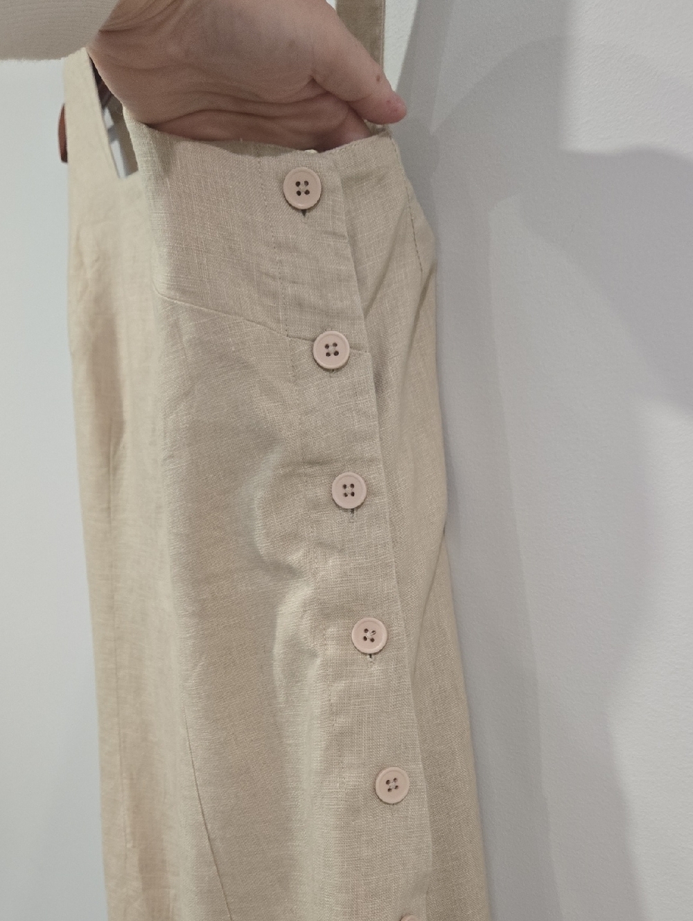Retro 90's Beige Linen Square-Neck Ralphcore Normcore Midi Dress - Picture 3 of 10